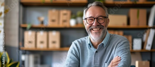 Smiling senior businessman, e-commerce store owner, home office, transport company style, with boxes.