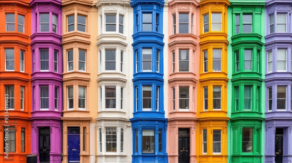 A vibrant row of Victorian townhouses showcases a mix of red, brown, and blue facades against a bright blue sky, highlighting unique architectural details. A vibrant row of Victorian townhouses showcases a mix of red, brown, and blue facades against a bright blue sky, highlighting unique architectural details.
