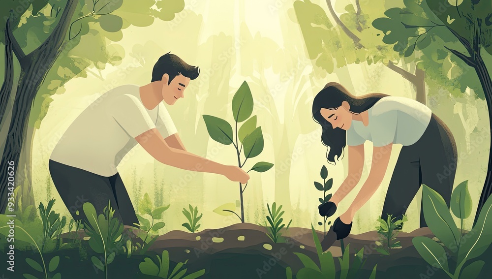 A man and woman plant trees in the forest. A man and woman plant trees in the forest.