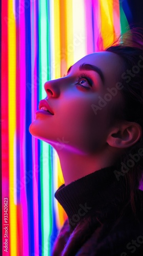 A vertical portrait with vibrant colored lights, creating a playful and dynamic atmosphere