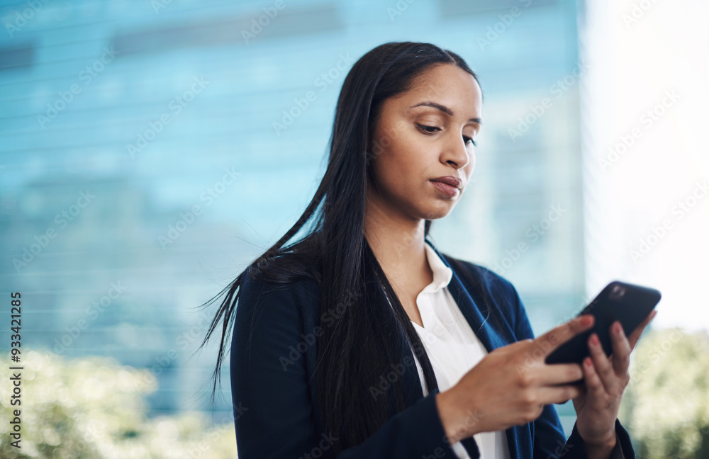 Woman, smartphone and notification in city for business, networking and app for directions. Technology, corporate female person and online in street for connectivity, walking and travel or commute Woman, smartphone and notification in city for business, networking and app for directions. Technology, corporate female person and online in street for connectivity, walking and travel or commute