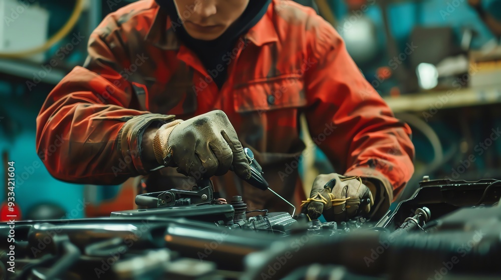 A mechanic works on a car engine. A mechanic works on a car engine.