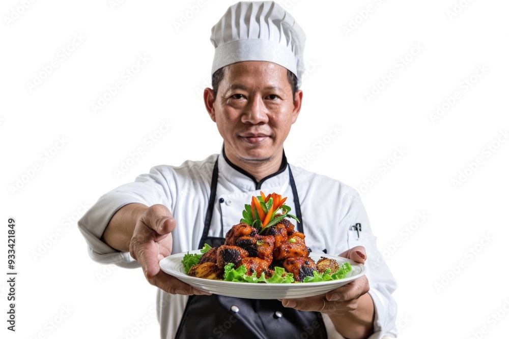 A chef holds a plate of delicious-looking food, ready for serving A chef holds a plate of delicious-looking food, ready for serving