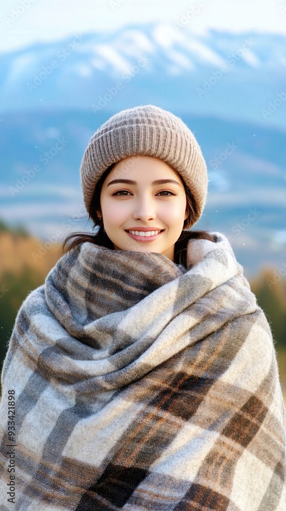 A woman wearing a cozy scarf and hat stands smiling in a snowy landscape, with majestic mountains rising in the background on a sunny winter day A woman wearing a cozy scarf and hat stands smiling in a snowy landscape, with majestic mountains rising in the background on a sunny winter day