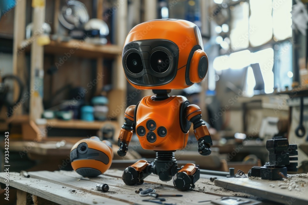 A small robot sits atop a wooden table, ready for play or display A small robot sits atop a wooden table, ready for play or display