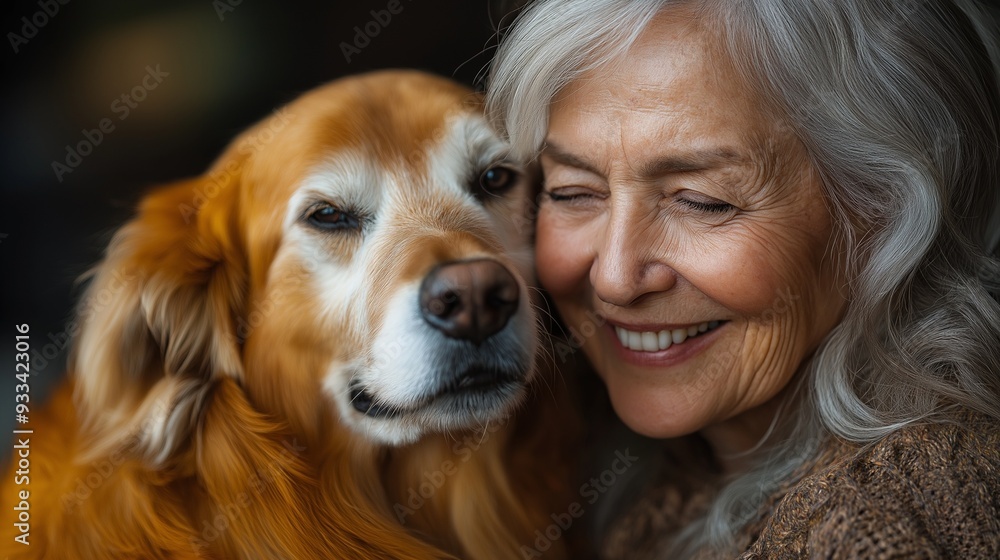 Elderly woman with a golden retriever, both smiling in a warm, intimate moment Elderly woman with a golden retriever, both smiling in a warm, intimate moment