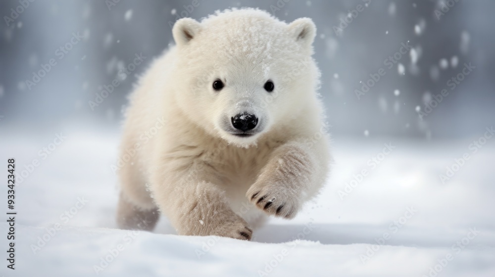 A polar bear cub playfully chasing a snowflake, its innocence and curiosity radiating from its every movement A polar bear cub playfully chasing a snowflake, its innocence and curiosity radiating from its every movement