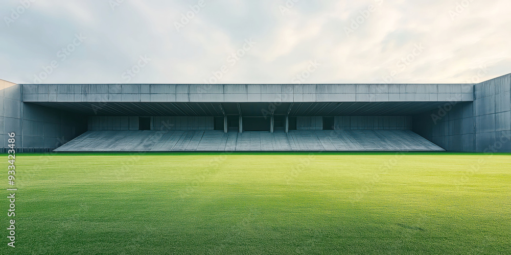 Modern Empty Outdoor Stadium With Green Field and Concrete Stands Under Cloudy Sky Modern Empty Outdoor Stadium With Green Field and Concrete Stands Under Cloudy Sky