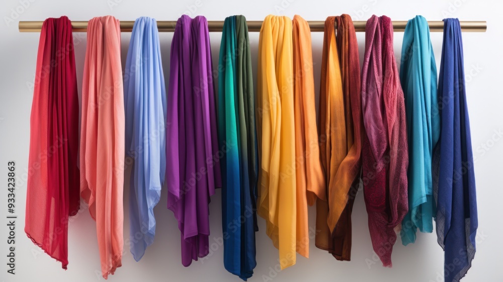 A rack of colorful scarves hanging neatly A rack of colorful scarves hanging neatly