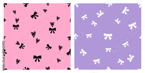 Seamless pattern with ribbon bow and hand drawn hearts on pink background. Seamless pattern with white ribbon bow on purple background vector.