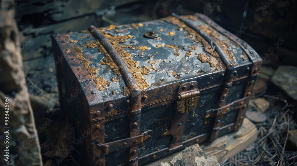 A rusty iron treasure chest buried deep in a forgotten castle dungeon, its lock jammed and its contents unknown A rusty iron treasure chest buried deep in a forgotten castle dungeon, its lock jammed and its contents unknown