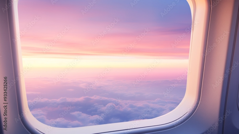 A serene sunrise view from an airplane window, with soft pastel hues of pink, blue, and yellow A serene sunrise view from an airplane window, with soft pastel hues of pink, blue, and yellow