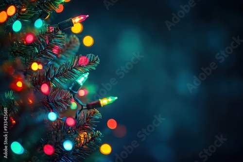 Blurred Christmas tree lights with vintage bokeh in a dark scene.