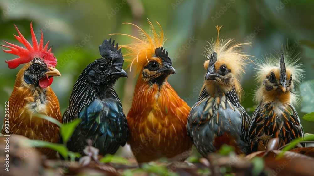 Fototapeta premium Group of colorful bantams standing together in a lush garden setting
