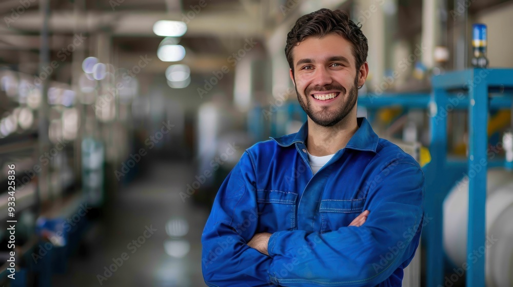 Smiling worker in blue workwear, arms crossed, photorealism, production line backdrop, detailed. Smiling worker in blue workwear, arms crossed, photorealism, production line backdrop, detailed.