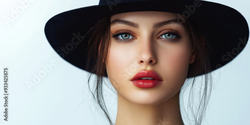 Wallpaper Mural Elegant Young Woman with Blue Eyes and Red Lipstick Wearing a Black Hat - Fashion Portrait Torontodigital.ca