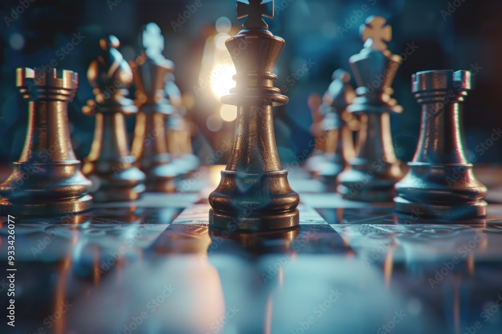 A group of chess pieces arranged on a chess board, ready for play A group of chess pieces arranged on a chess board, ready for play