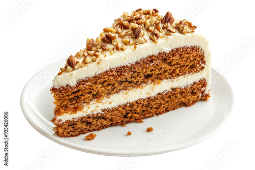 Carrot Cake Slice with Cream Cheese Frosting and Pecans on Plate - Isolated on White Transparent Background, PNG
 photo