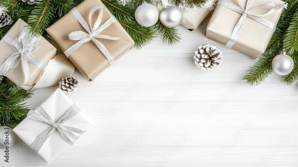 Wrapped gifts lie among pine branches and ornaments, creating a festive atmosphere perfect for celebrating the holiday season Wrapped gifts lie among pine branches and ornaments, creating a festive atmosphere perfect for celebrating the holiday season