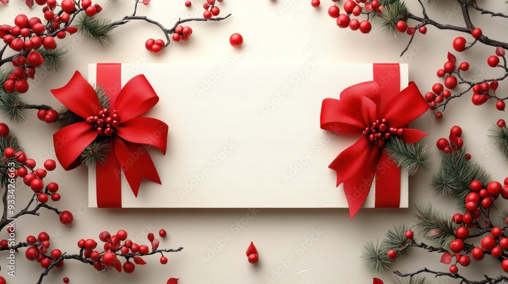 Christmas Gift Box with Red Ribbon and Holly Decoration Christmas Gift Box with Red Ribbon and Holly Decoration