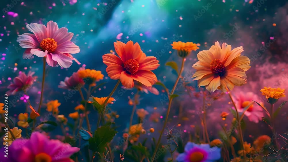 Vibrant flowers blooming against a backdrop of the galaxy, blending natural beauty with cosmic elements Vibrant flowers blooming against a backdrop of the galaxy, blending natural beauty with cosmic elements