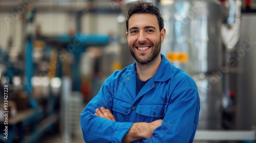 Smiling worker in blue workwear, arms crossed, photorealism, production line backdrop, detailed.