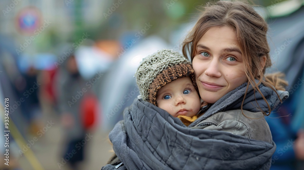 Portrait of a mother with a child on the street in winter. Homeless people. Portrait of a mother with a child on the street in winter. Homeless people.