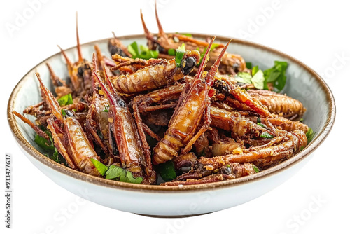 Bowl of Fried Giant Water Bugs - Isolated on White Transparent Background, PNG
 photo