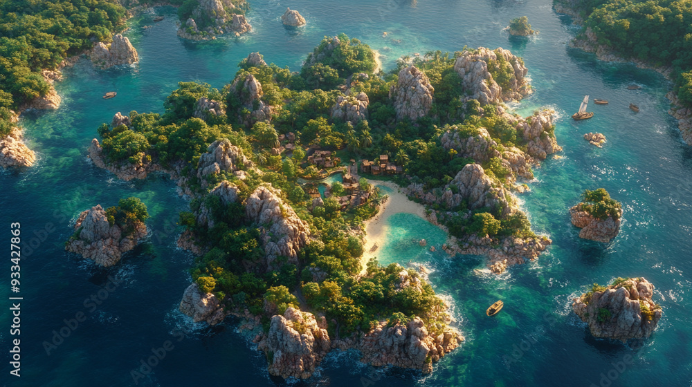 tropical island bathed in sunlight, showcasing crystal-clear waters, lush green vegetation, and white sandy beaches, evoking tranquility and paradise tropical island bathed in sunlight, showcasing crystal-clear waters, lush green vegetation, and white sandy beaches, evoking tranquility and paradise