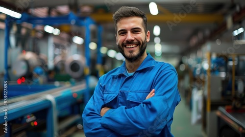 Smiling worker in blue workwear, arms crossed, production line background, photorealism, detailed.