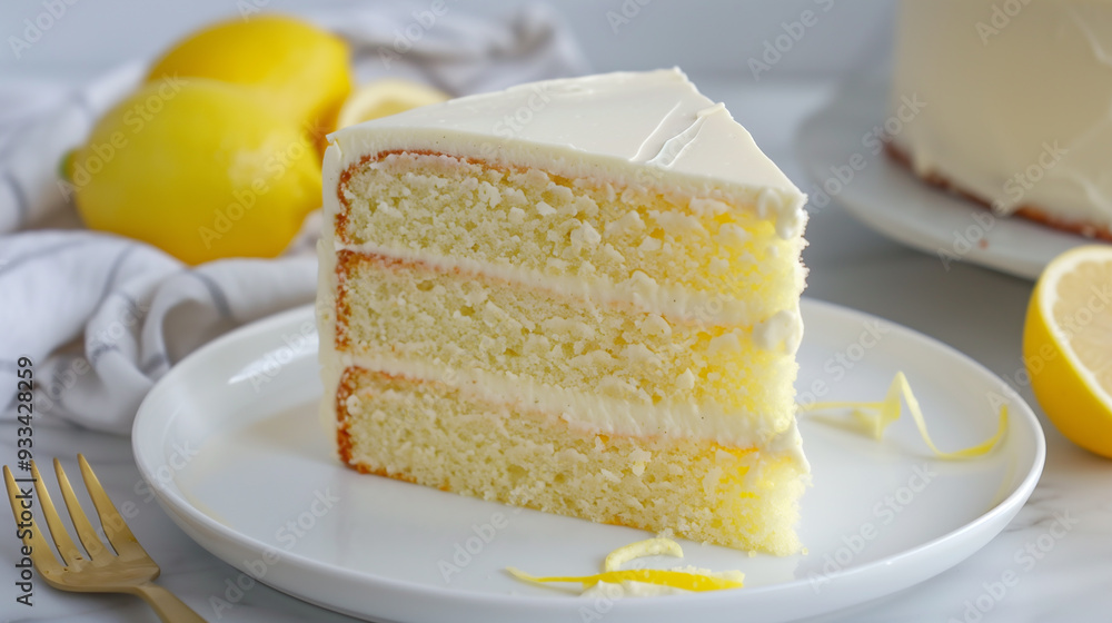 Lemon cream cake with a cut piece on a plate in the kitchen. Lemon cream cake with a cut piece on a plate in the kitchen.