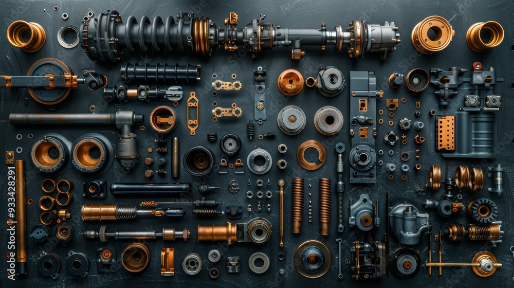 Assorted car parts and components on a black background flat lay Assorted car parts and components on a black background flat lay