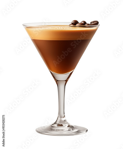 rich espresso martini cocktail with shot of espresso and coffee liqueur, garnished with coffee beans served in martini glass isolated on transparent background