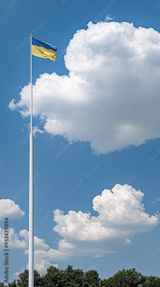 The Ukrainian flag waves proudly against a backdrop of a bright blue sky filled with white fluffy clouds during a clear day The Ukrainian flag waves proudly against a backdrop of a bright blue sky filled with white fluffy clouds during a clear day