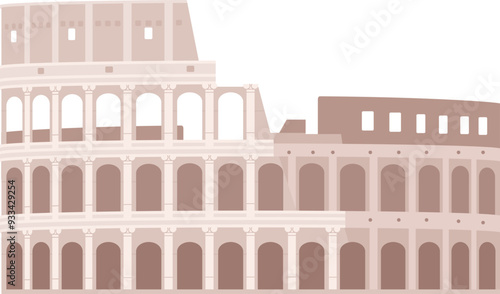 Ancient Colosseum building. Roman Coliseum in Italy. Old Italian architecture. Great Rome landmark. Antique imperial amphitheater. Flat vector illustration isolated on white background.