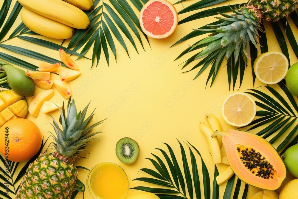 A colorful arrangement of tropical fruits on a bright yellow background A colorful arrangement of tropical fruits on a bright yellow background