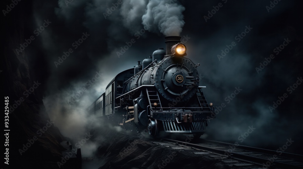 Fototapeta premium A steam locomotive emerging from a dark, foggy tunnel, its headlight piercing the gloom, illuminating the tracks ahead.