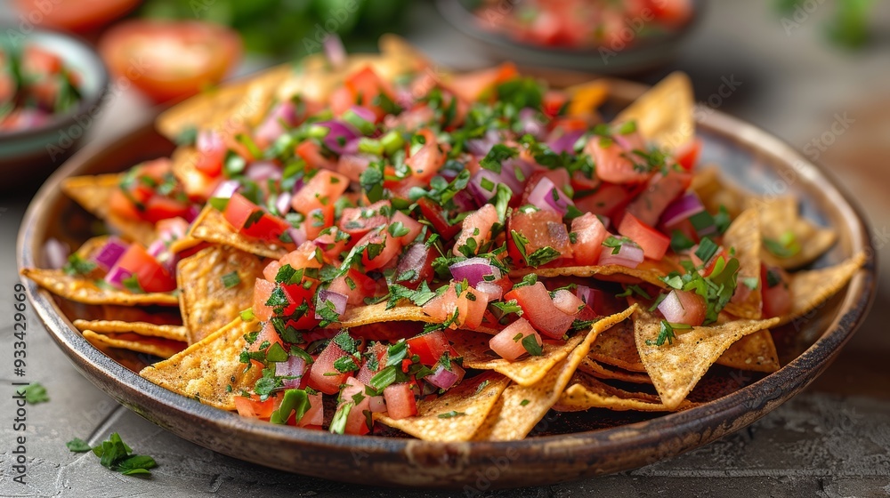 Delicious corn nachos topped with fresh tomato salsa on a plate Delicious corn nachos topped with fresh tomato salsa on a plate