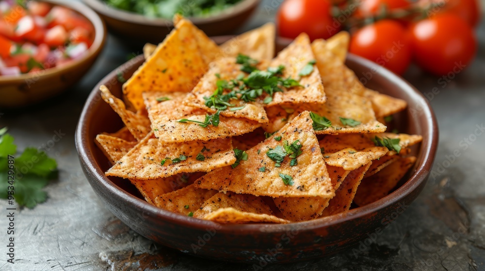 Bowl of crispy corn nachos garnished with fresh herbs Bowl of crispy corn nachos garnished with fresh herbs