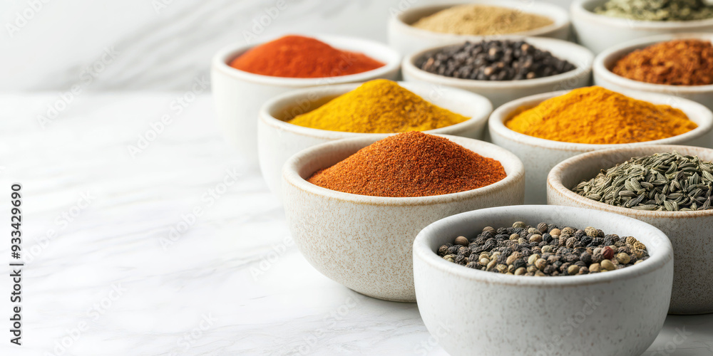 Assorted Spices in White Ceramic Bowls on Marble Counter: Vibrant and Aromatic Culinary Ingredients Assorted Spices in White Ceramic Bowls on Marble Counter: Vibrant and Aromatic Culinary Ingredients