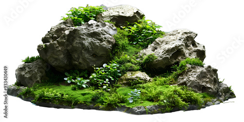 [Transparent Background PNG]Green Moss and Rocks Arrangement for Aquarium