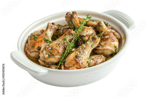 Garlic Herb Chicken Drumsticks in White Dish - Isolated on White Transparent Background, PNG 