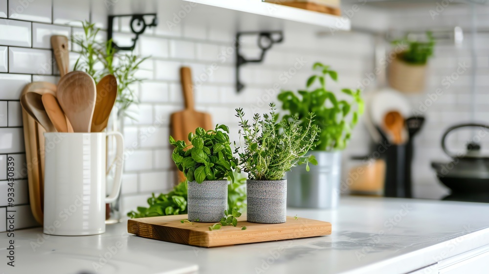 A kitchen counter with potted herbs and a white pitcher. A kitchen counter with potted herbs and a white pitcher.