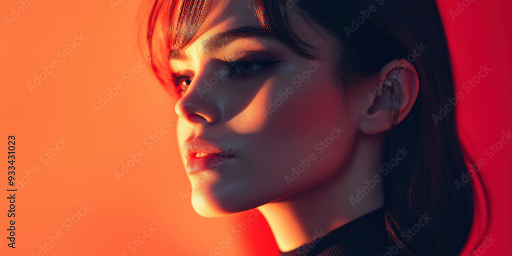 Portrait of a Woman with Dramatic Lighting and Red Background Portrait of a Woman with Dramatic Lighting and Red Background