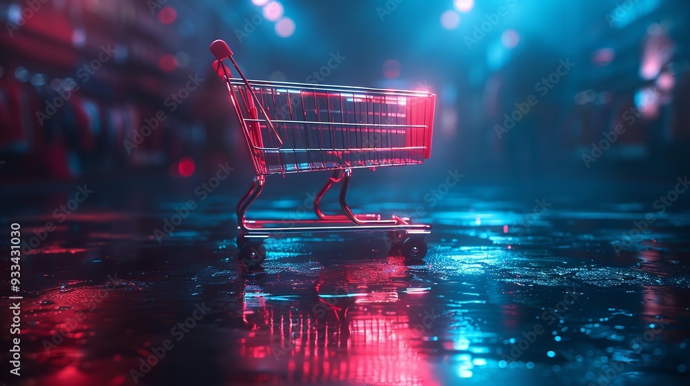 Neon Lit Urban Shopping Cart in Rainy City Landscape with Vibrant Reflections Neon Lit Urban Shopping Cart in Rainy City Landscape with Vibrant Reflections