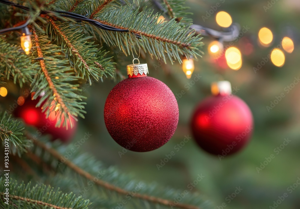 Red Christmas ornaments on evergreen branches with twinkling lights. Red Christmas ornaments on evergreen branches with twinkling lights.
