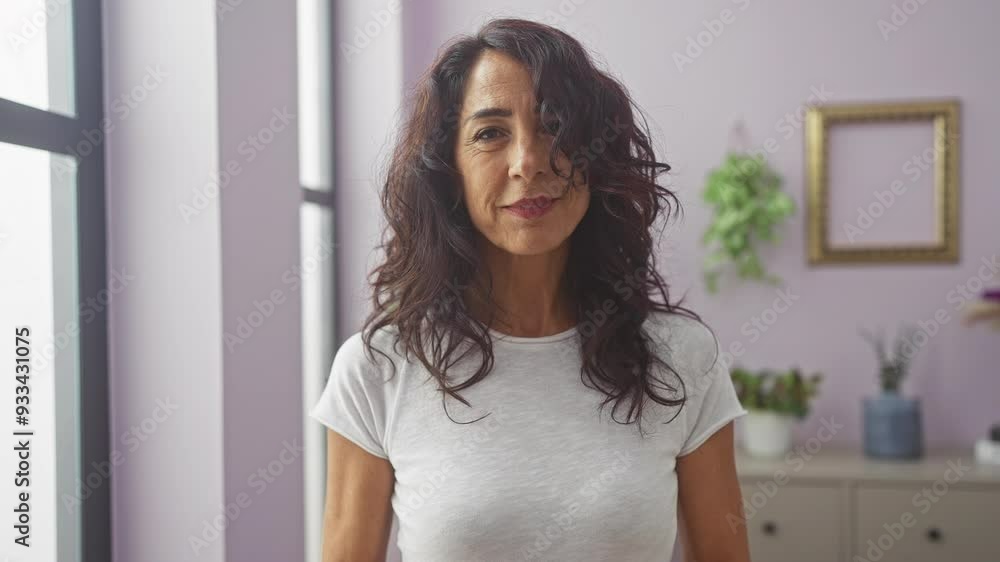Mature woman smiling indoors holding red heart Mature woman smiling indoors holding red heart
