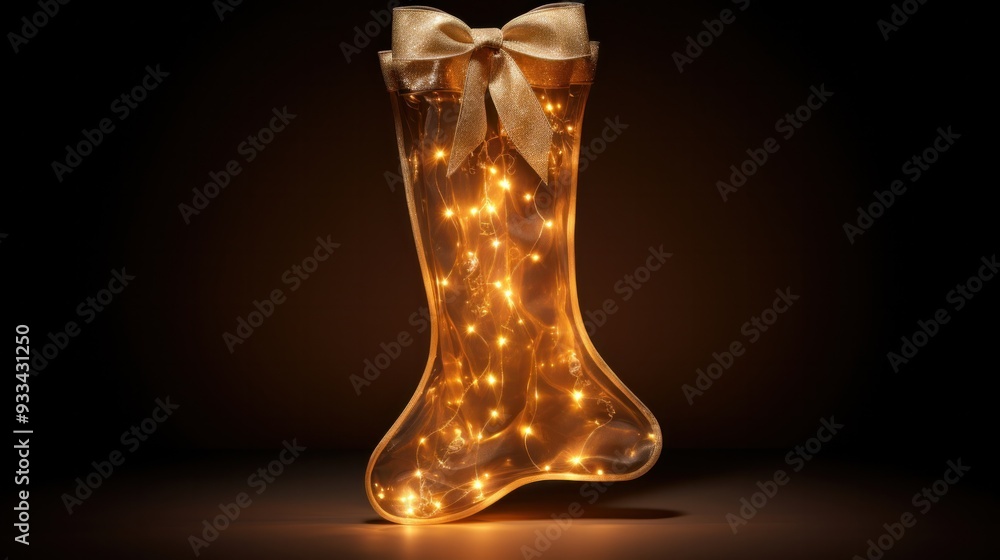 A translucent Christmas stocking filled with twinkling fairy lights, casting a warm and inviting glow A translucent Christmas stocking filled with twinkling fairy lights, casting a warm and inviting glow