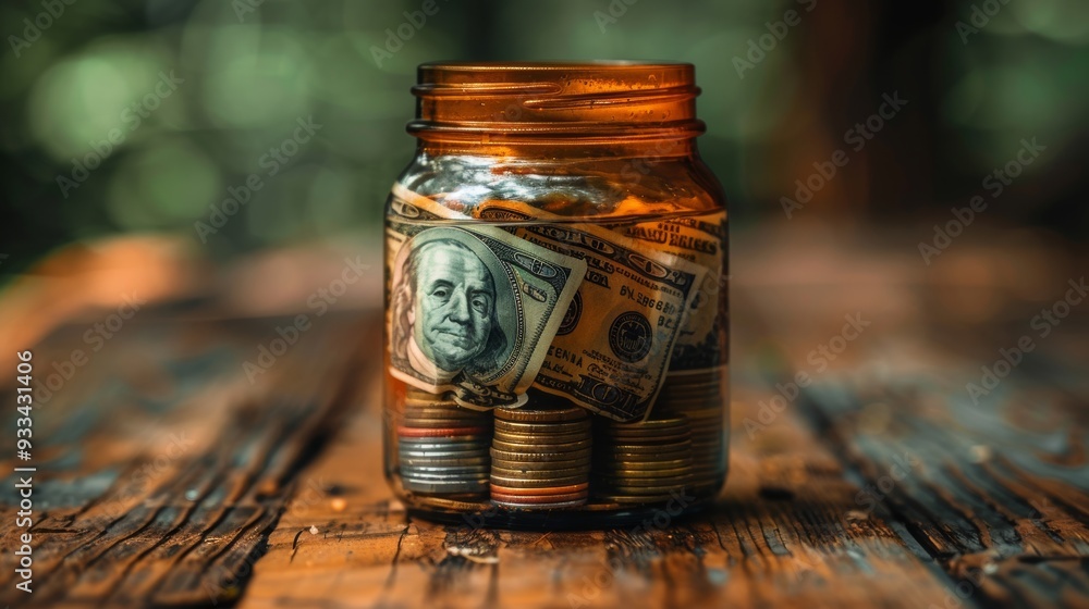 Glass jar filled with US dollar bills and coins on wooden table Glass jar filled with US dollar bills and coins on wooden table