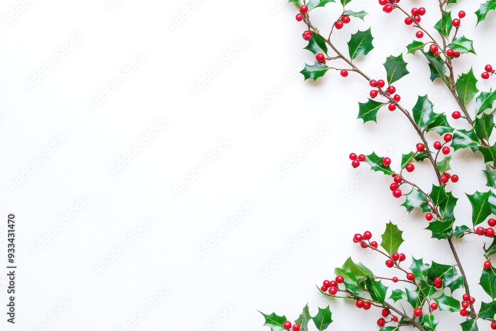 Holly berries and evergreen branches on white, flat lay, Christmas banner. Holly berries and evergreen branches on white, flat lay, Christmas banner.